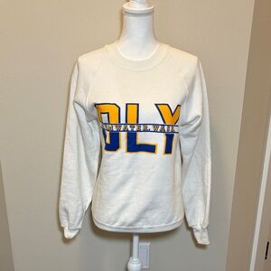 Vintage Russell Athletic White Sweatshirt with Blue and Yellow Patch Logo